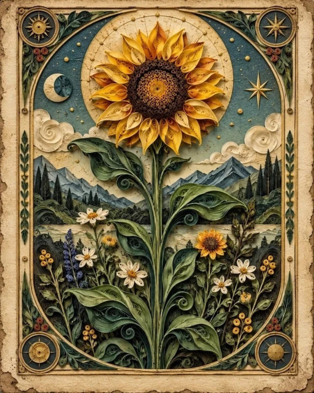 8x10 Framed Sunflower Celestial Landscape Art